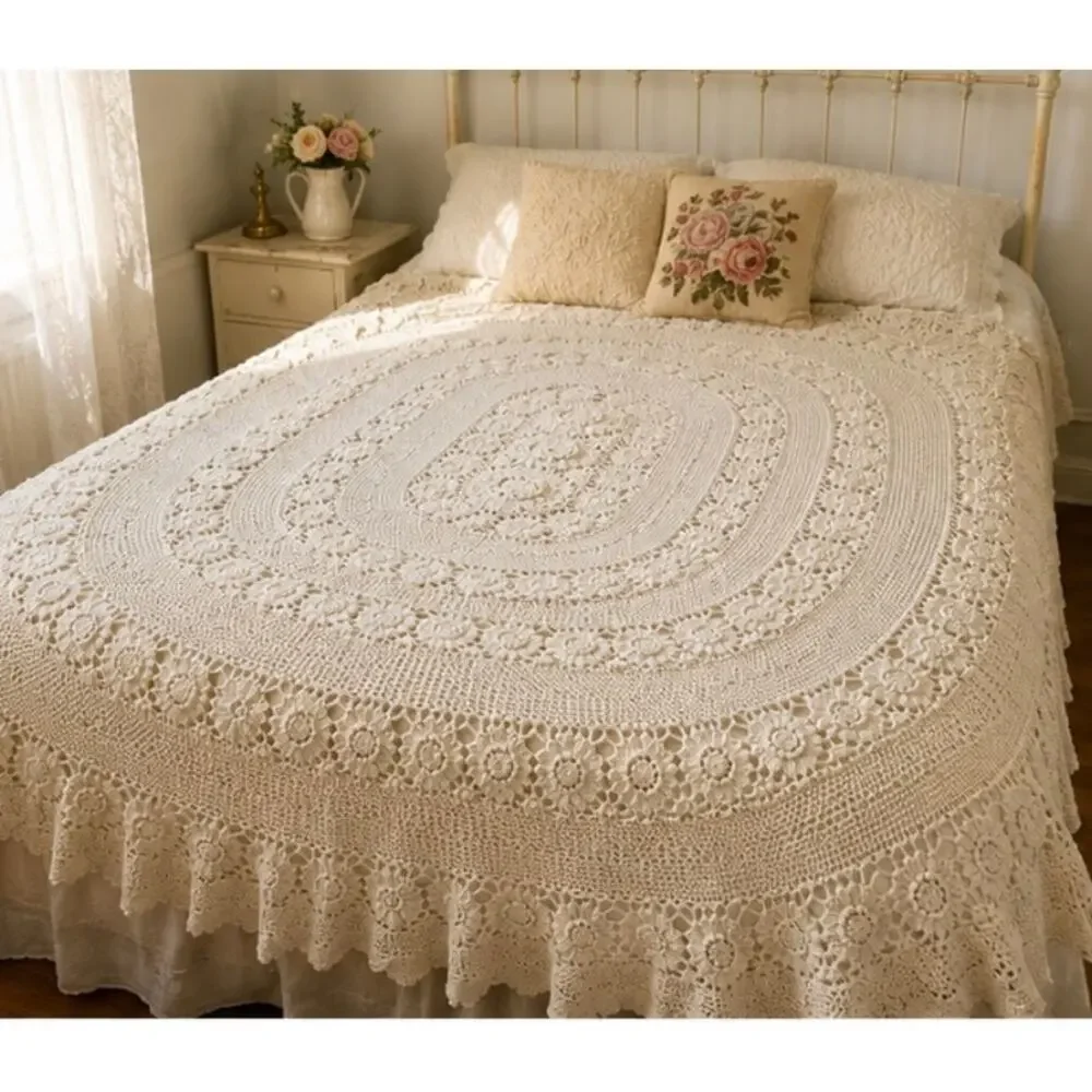 Vintage Handmade Crochet Lace Coverlet Throw Ecru Floral Roses Raised Crochet